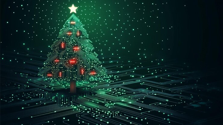 Foto representação 3d de árvore de natal em placa de circuito com luzes bokeh