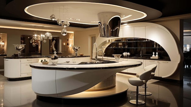 Representação 3D de cozinha de design moderno branca com lâmpada