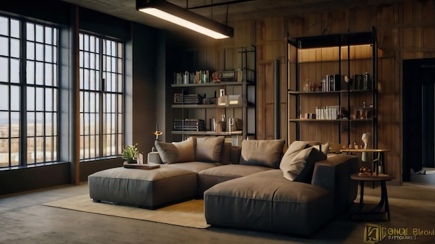 Representação 3D de interiores de sala de estar modernos e brilhantes