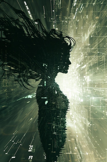 Representação 3D de uma mulher emergindo de uma matriz digital