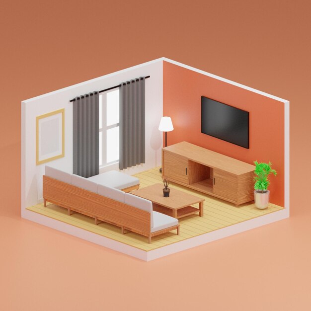 Foto representação 3d isométrica sala de estar com um design minimalista e moderno