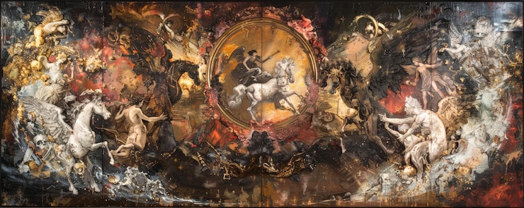 Foto representação abstrata do apocalipse com uma figura central em um cavalo branco cercado por