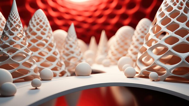 Representação abstrata em 3D de uma árvore de Natal apresentando elementos de design futurista