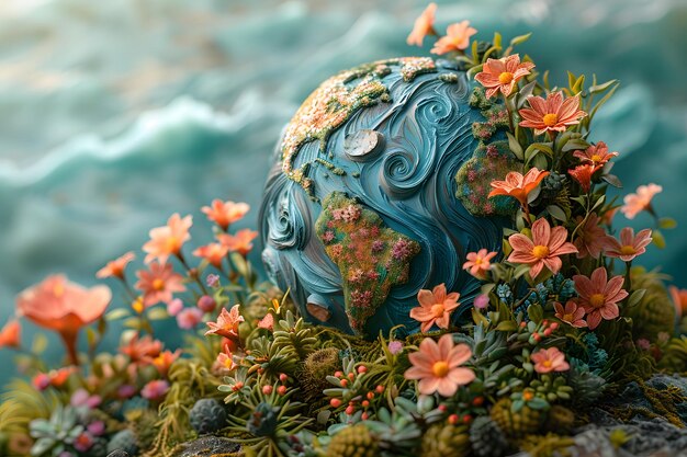 Representação artística da Terra feita de plasticina com crescimento floral exuberante