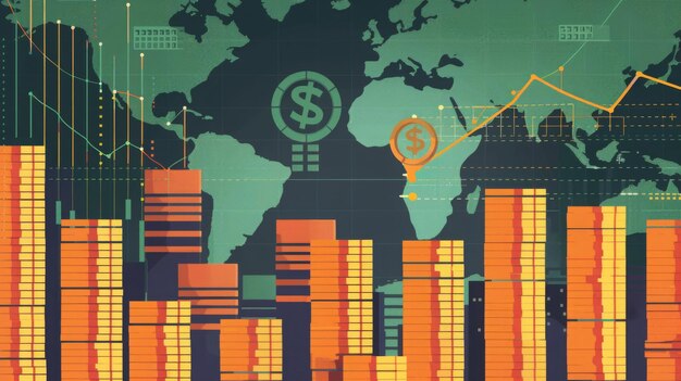 Representação artística de dados financeiros com gráficos de barras, mapa mundial e símbolos monetários que indicam