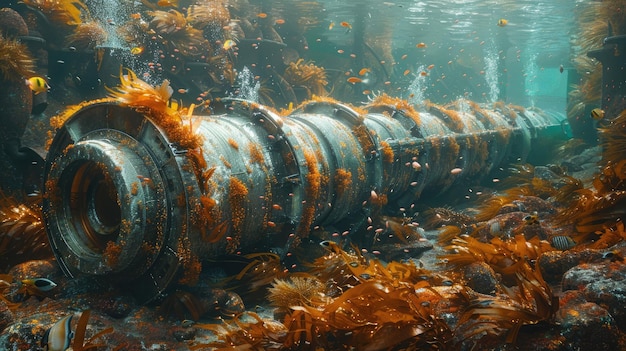 Representação artística de uma turbina de energia de maré debaixo d'água com algas e peixes nadando ao redor