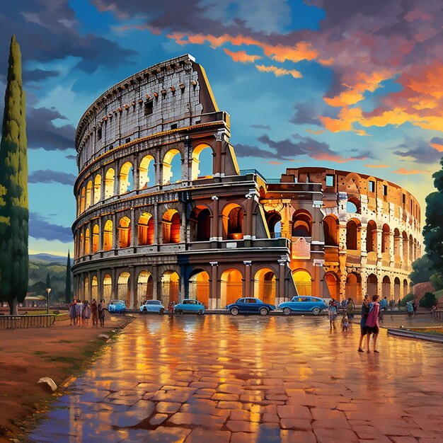 Representação artística vibrante e detalhada do Coliseu, em Roma