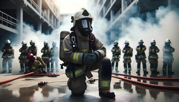 Representação autêntica de um bombeiro em equipamento completo durante um exercício diário sincero capturando a rotina