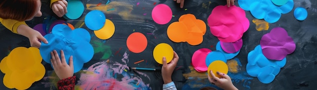 Foto representação conceitual de uma sessão de brainstorming bolhas de pensamento coloridas sobre uma equipe simbolizando colaboração e geração de ideias
