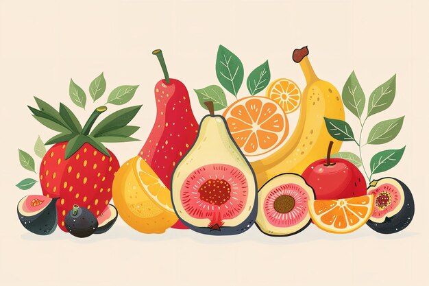 Foto representação contemporânea de figos de morango, pêra e banana wat generative ai