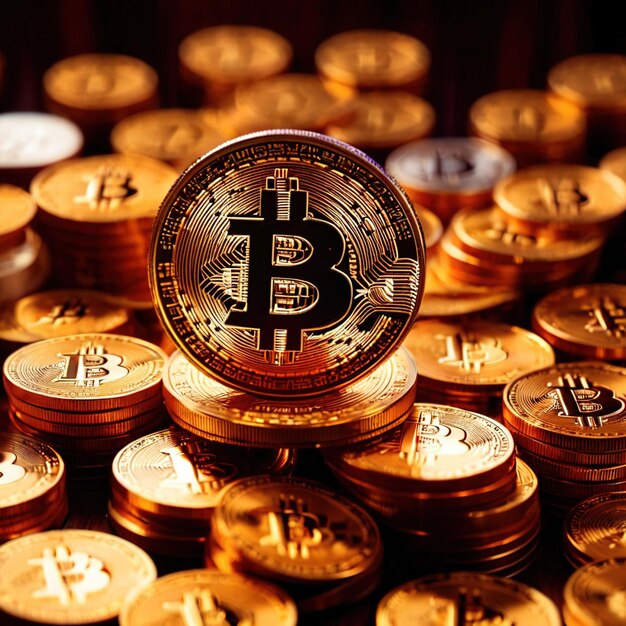 Representação da criptomoeda digital bitcoin através de moeda de ouro com símbolo bitcoil