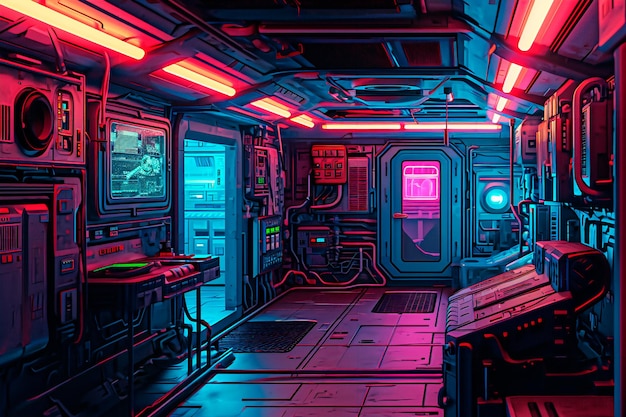 Representação de pixel art do interior de uma estação espacial iluminada por luz de néon