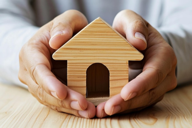 Foto representação de proteção de seguro de casa mãos aconchegando uma casa de brinquedo de madeira