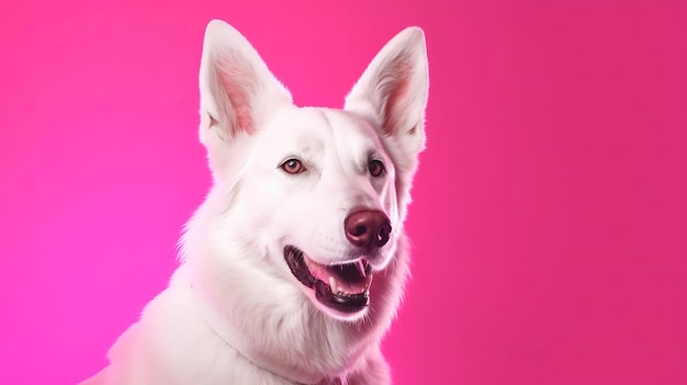 Representação de um cão de raça pura, White Shepherd, obrigado a criar um estúdio em um canal de luz neon inclinado, rosa, recurso criativo, gerado por IA