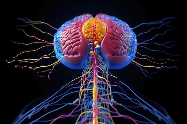 Representação de um cérebro e as ligações nervosas que descem pela medula espinhal