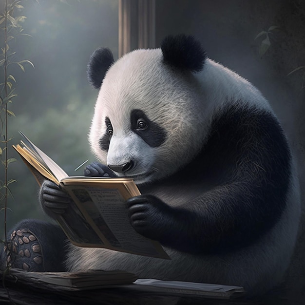 Representação de um Panda lendo um livro AI