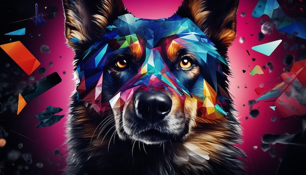 representação de um rosto de cão usando formas geométricas padrões e cores vibrantes