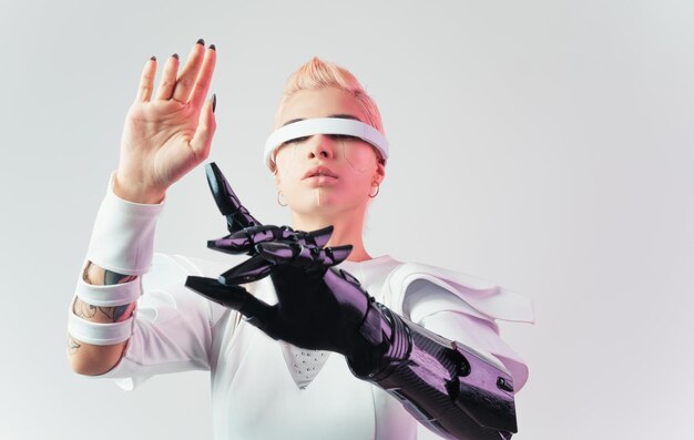 Foto representação de um super humano biônico com peças de tecnologia avançada