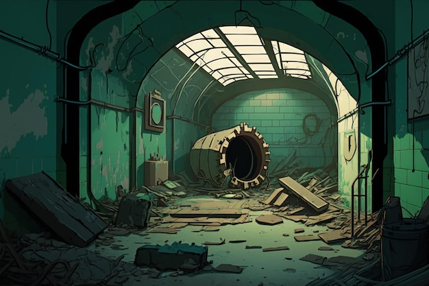 Representação digital de uma cena interior abandonada demolida em um sistema de esgoto subterrâneo