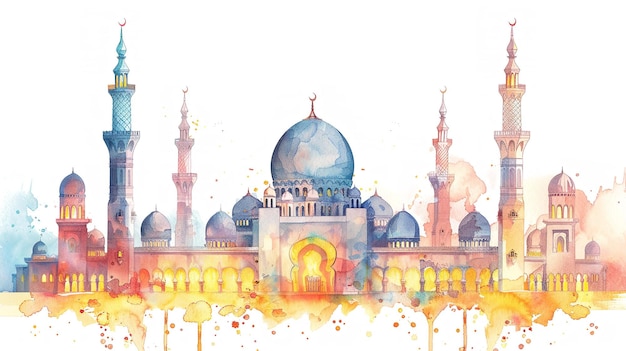 Representação dinâmica em aquarela de uma mesquita sobre um fundo branco com reflexo sobre o cenário branco e o espaço IA geradora