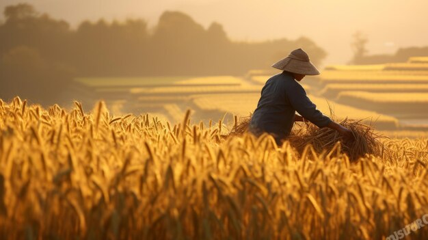 Representação empática da vida rural Homem asiático em um campo de trigo ao pôr do sol