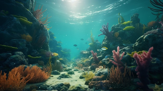 Representação fotorrealista de corais e plantas em uma cena oceânica