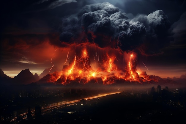 Representação fotorrealista de realidade ardente de uma erupção vulcânica monumental IA geradora