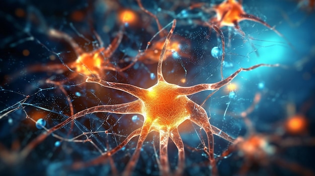 Representação generativa de IA em três dimensões de neurônios conectados disparando pulsos elétricos