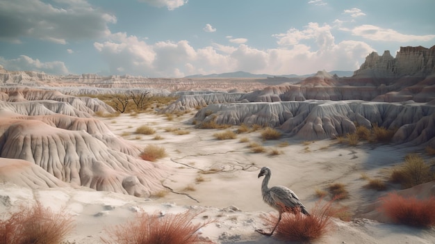 Representação hiper-realista de Badlands com cores desbotadas do deserto de areia branca e um flamingo