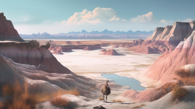 Representação hiper-realista de Badlands com cores desbotadas do deserto de areia branca e um flamingo