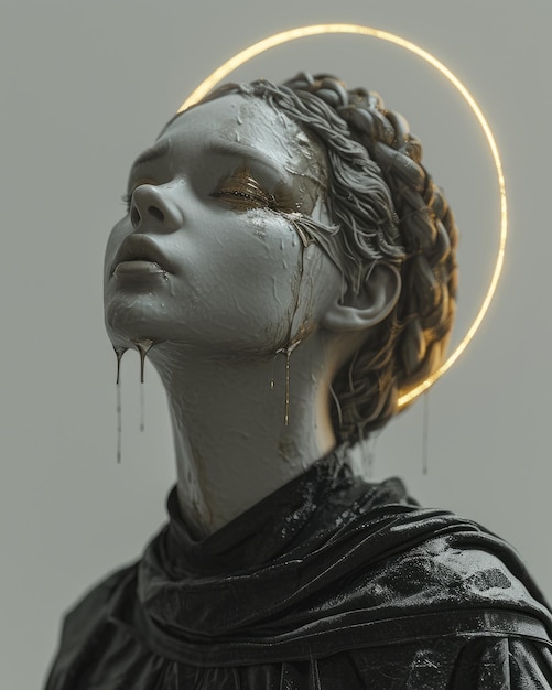 Representação hipnotizante de uma estátua de um deus com um halo dourado divino glitch allure de glitch estética misturando o sagrado e moderno em uma expressão artística única e surrealista