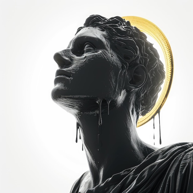 Representação hipnotizante de uma estátua de um deus com um halo dourado divino glitch allure de glitch estética misturando o sagrado e moderno em uma expressão artística única e surrealista