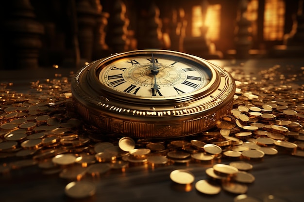 Representação moderna de relógio de riqueza em meio a grandes pilhas de dinheiro