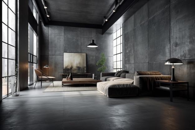 Representação realista de um interior minimalista moderno com paredes pretas de concreto grunge que funcionariam bem como pano de fundo virtual ou em videoconferências