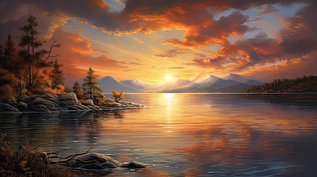 Representação realista de um nascer do sol sereno à beira do lago