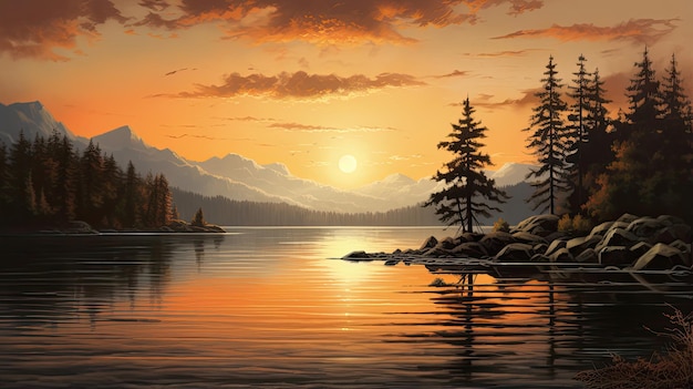 Representação realista de um pôr-do-sol calmo à beira de um lago