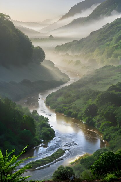 Foto representação realista de uma manhã nebulosa em um vale exuberante com vegetação rica e um rio sereno