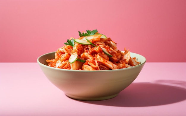 Representação vibrante e minimalista de uma tigela de kimchi em um fundo claro Generative Ai