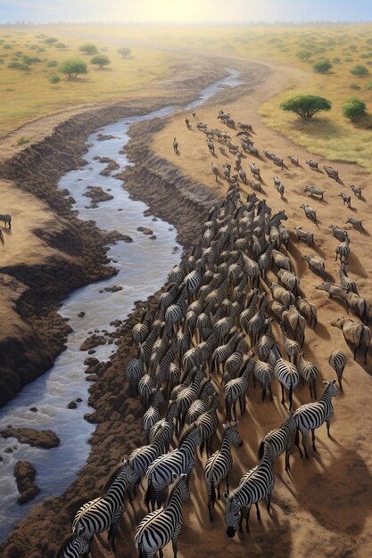 Foto representação vibrante em 3d de uma vista aérea de uma grande migração no serengeti