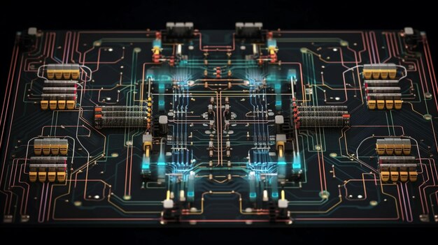 Representação visual de circuitos interconectados num dispositivo eletrónico que apresenta o funcionamento interno