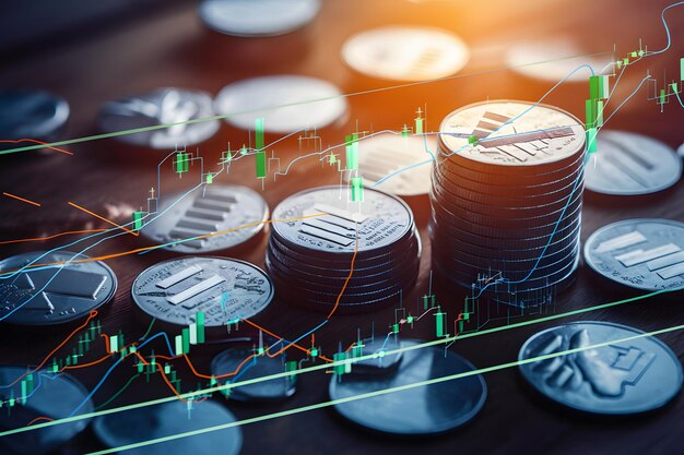 Representação visual de dados do mercado de ações com moedas sobrepostas que simbolizam investimento e riqueza