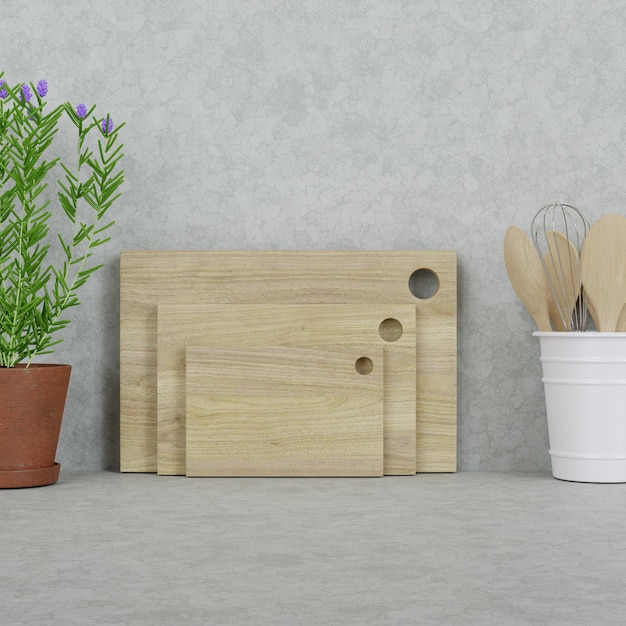 Representación 3D de 3 tamaños diferentes de tabla de cortar cuadrada de madera clara