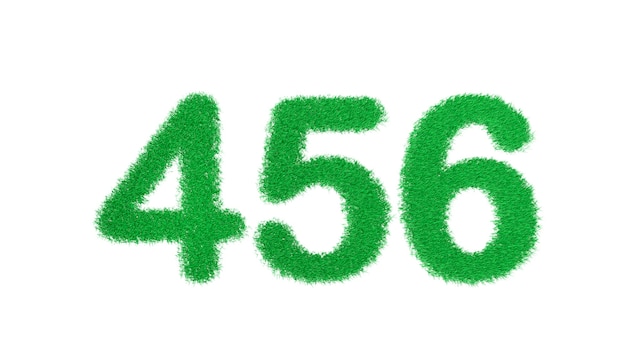 Representación 3D 456 número de alfabeto de hierba verde aislado sobre fondo blanco.