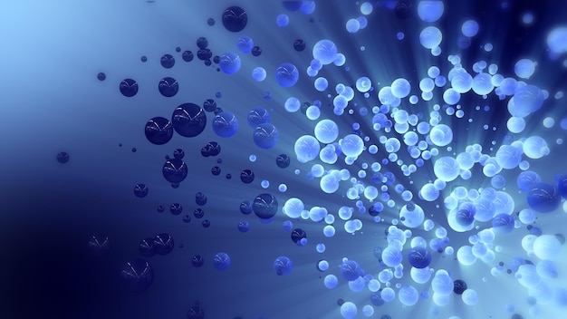 Representación 3d abstracta azul de esferas caóticas y partículas voladoras de bolas en el espacio vacío Dinámico