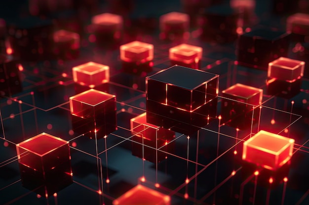 Representación 3d abstracta de cubos rojos y negros sobre fondo oscuro Un primer plano de una red blockchain roja brillante con bloques generados por IA