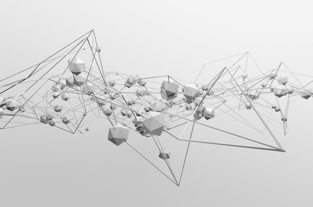 Representación 3d abstracta de estructura caótica. Fondo claro con líneas y esferas de baja poli en el espacio vacío. Forma futurista.