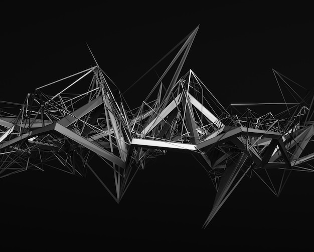 Representación 3d abstracta de estructura caótica. Fondo oscuro con forma futurista en el espacio vacío.