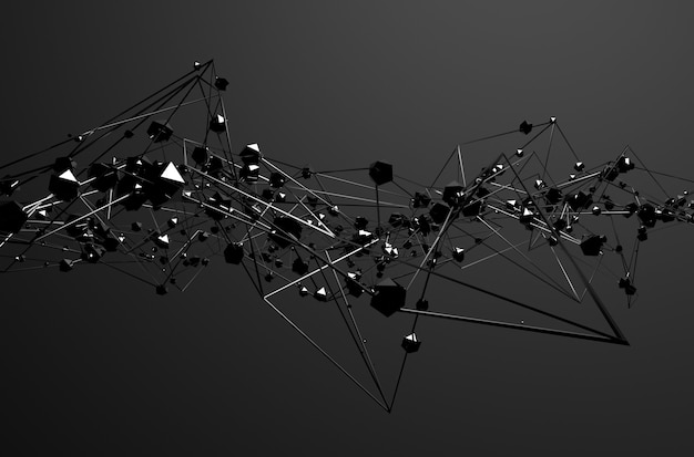 Representación 3d abstracta de estructura metálica caótica. Fondo oscuro con líneas cromadas y esferas de baja poli en el espacio vacío. Forma de acero futurista.