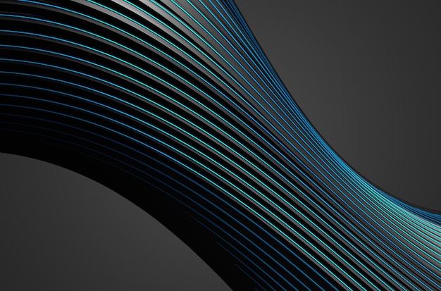 Representación 3d abstracta de líneas negras y azules. Fondo oscuro con forma futurista.
