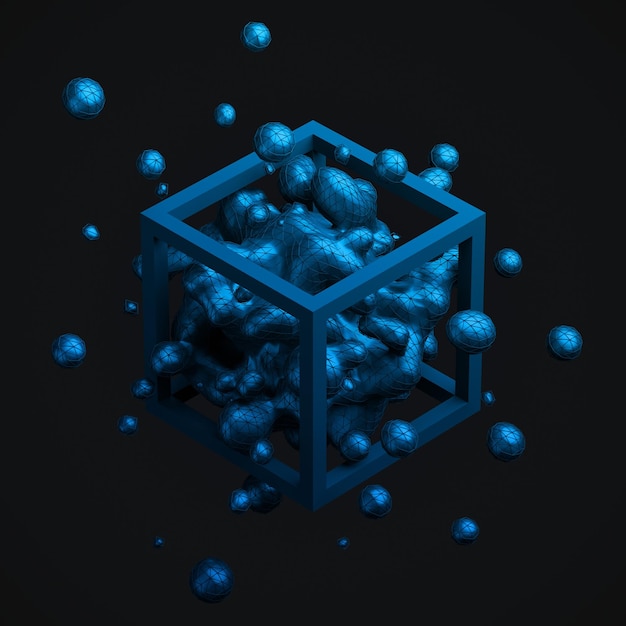 Foto representación 3d abstracta de líquido caótico en cubo fondo con elemento de diseño de salpicaduras de fluido dinámico